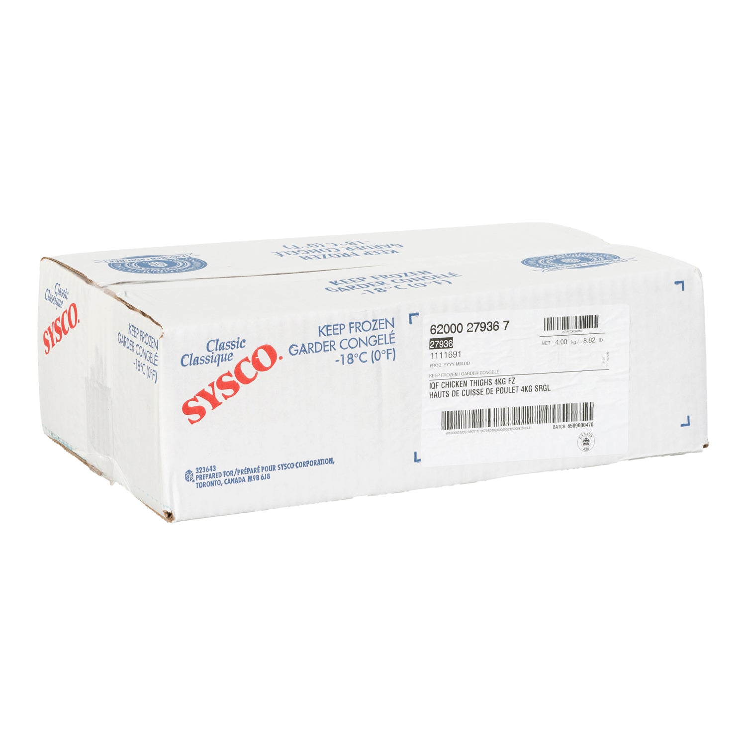 Sysco Classic Bone In Skin On Chicken Thighs 4kg IQF [$5.24/kg] [$2.38/lb]