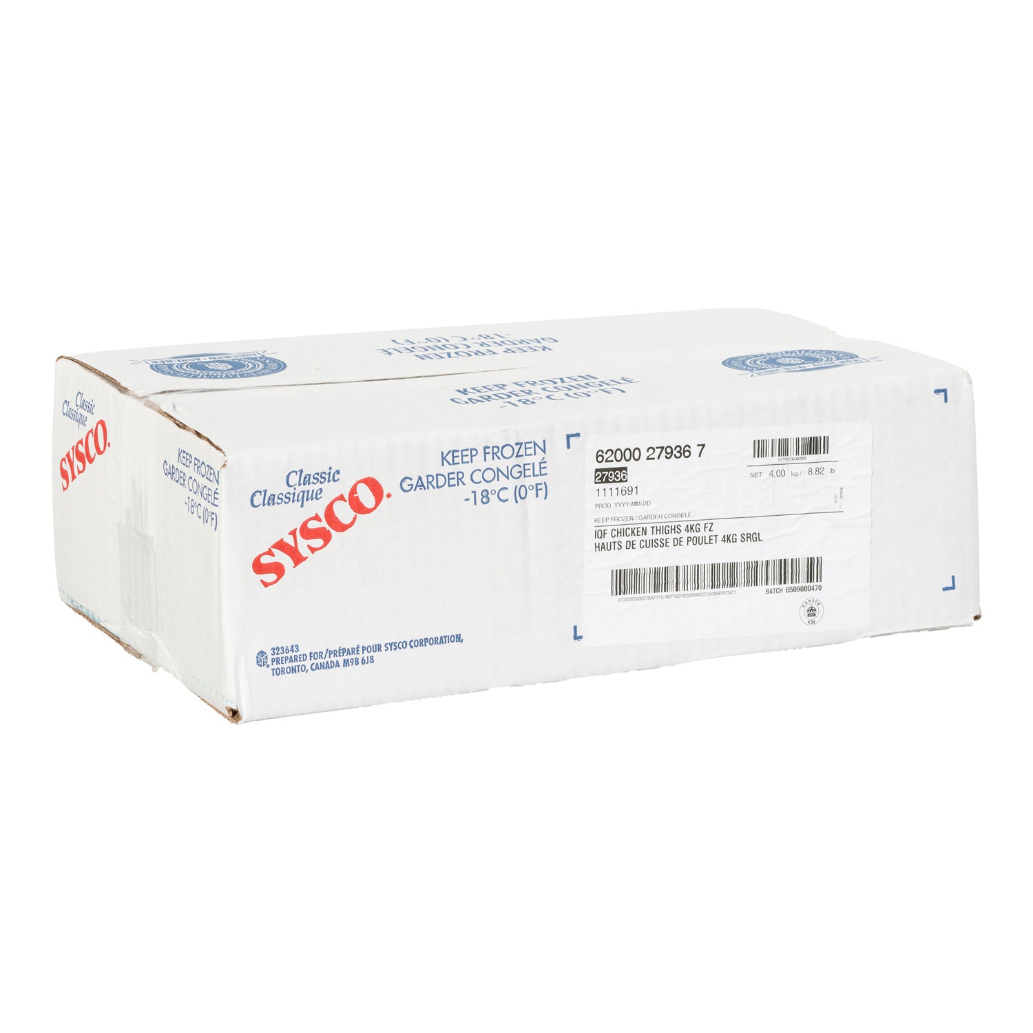 Sysco Classic Bone In Skin On Chicken Thighs 4kg IQF [$4.99/kg] [$2.26/lb]