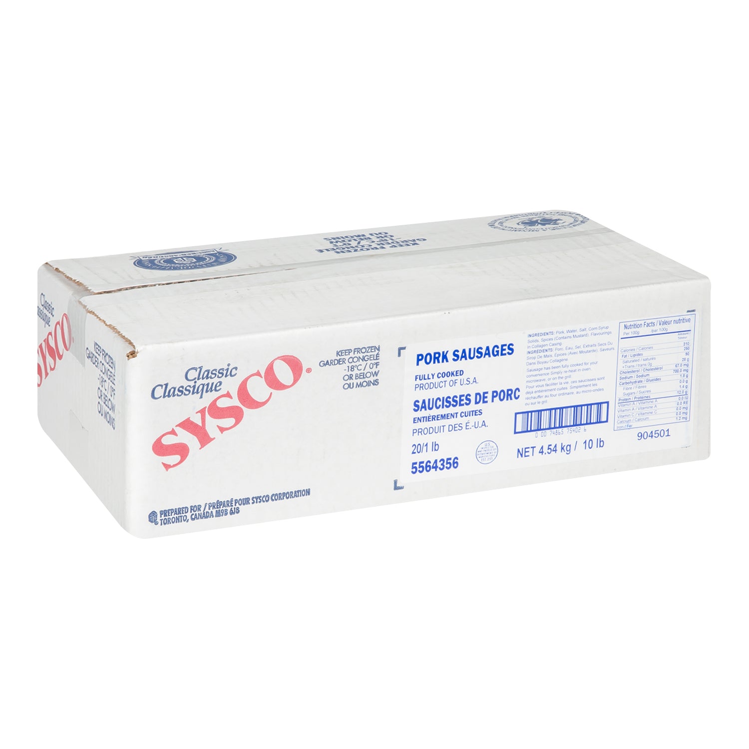 Sysco Classic Fully Cooked Breakfast Sausage 4.54kg [$13.21/kg] [$5.99/lb]