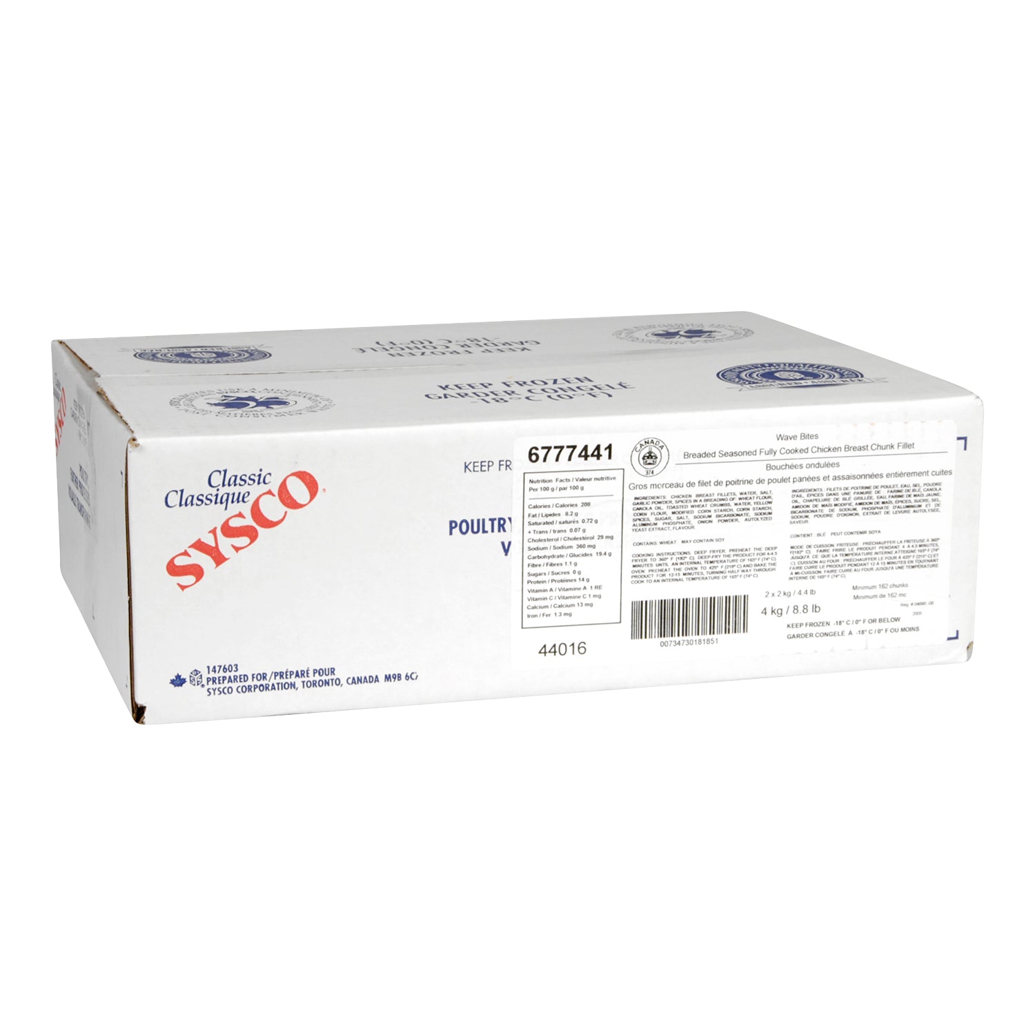 Sysco Classic Breaded Chicken Bites 2x2kg [$22.49/kg] [$10.20/lb]