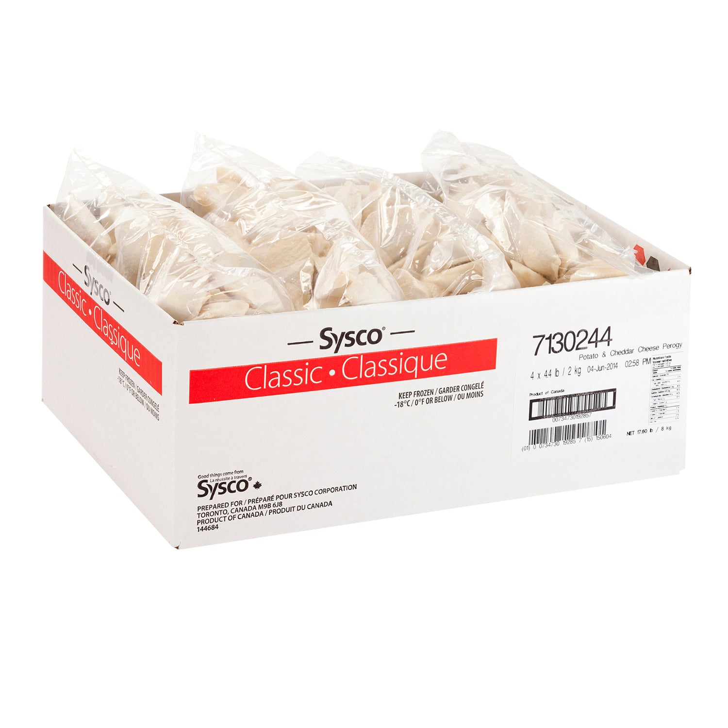 Sysco Classic Potato & Cheddar Perogies 4x2kg [$2.74/kg] [$1.24/lb]