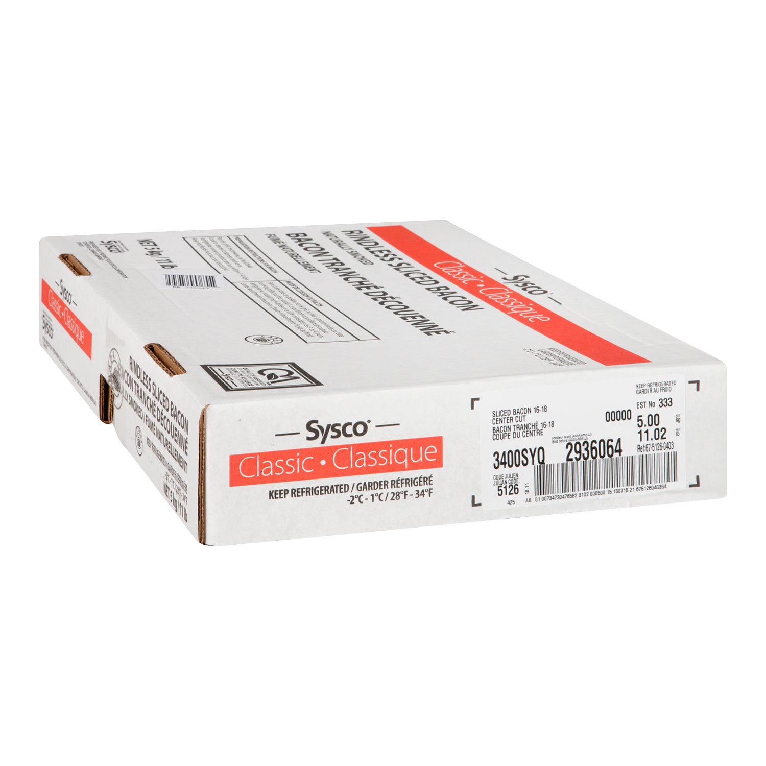 Sysco Classic Center Cut Sliced Bacon 5kg [$12.19/kg] [$5.53/lb]