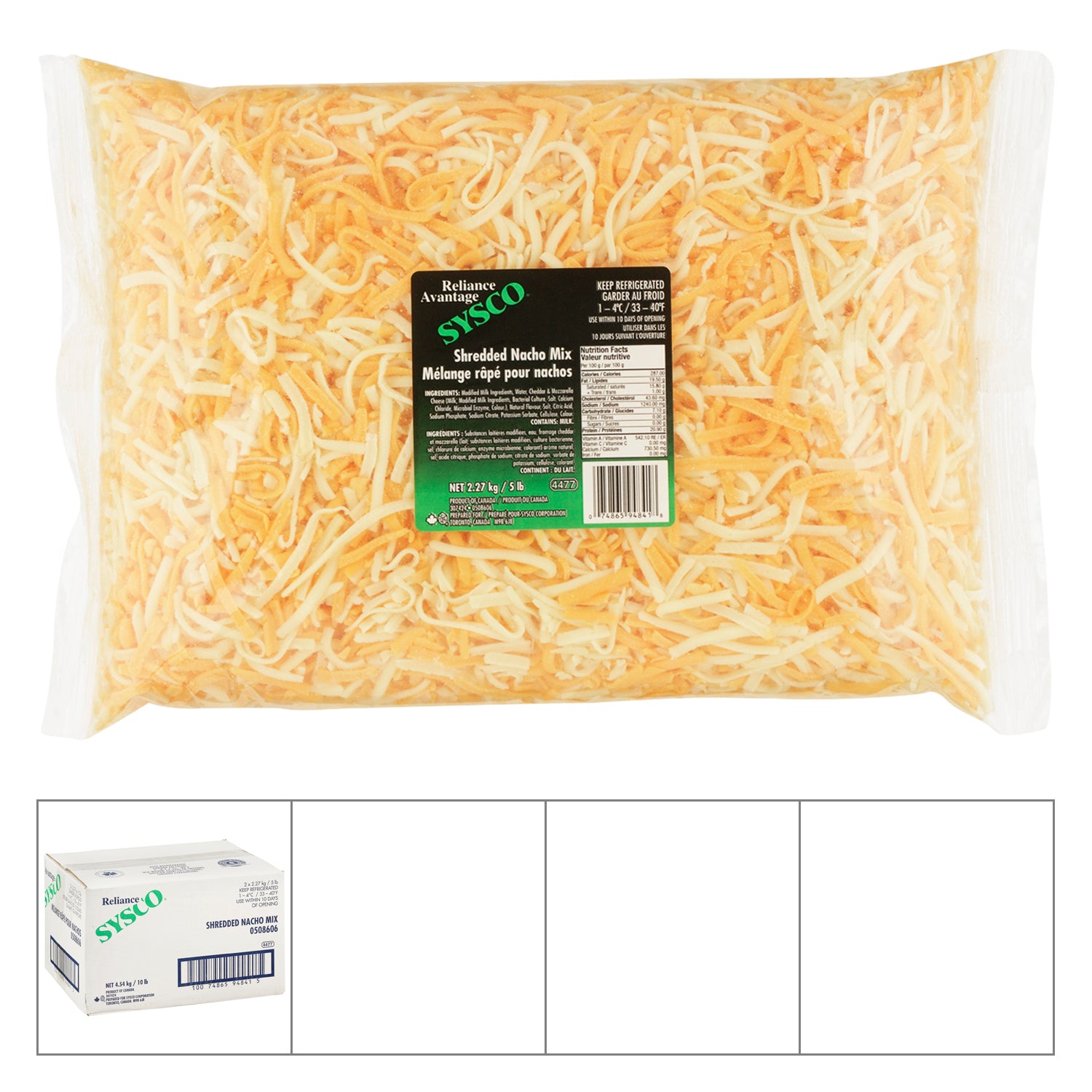 Sysco Reliance Shredded Cheese Nacho Mix 2x2.27kg [$1.32/100g]