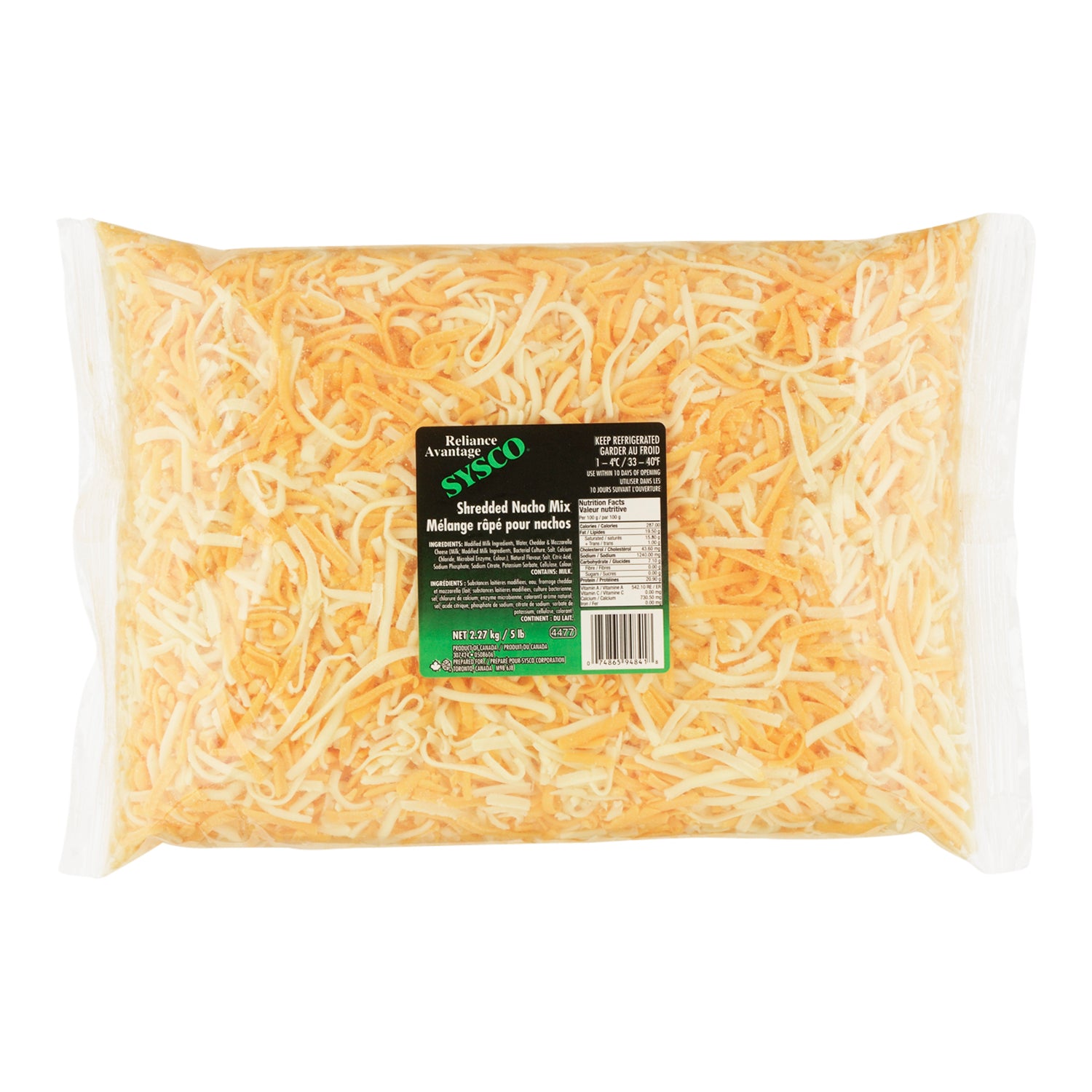 Sysco Reliance Shredded Cheese Nacho Mix 2x2.27kg [$1.32/100g]