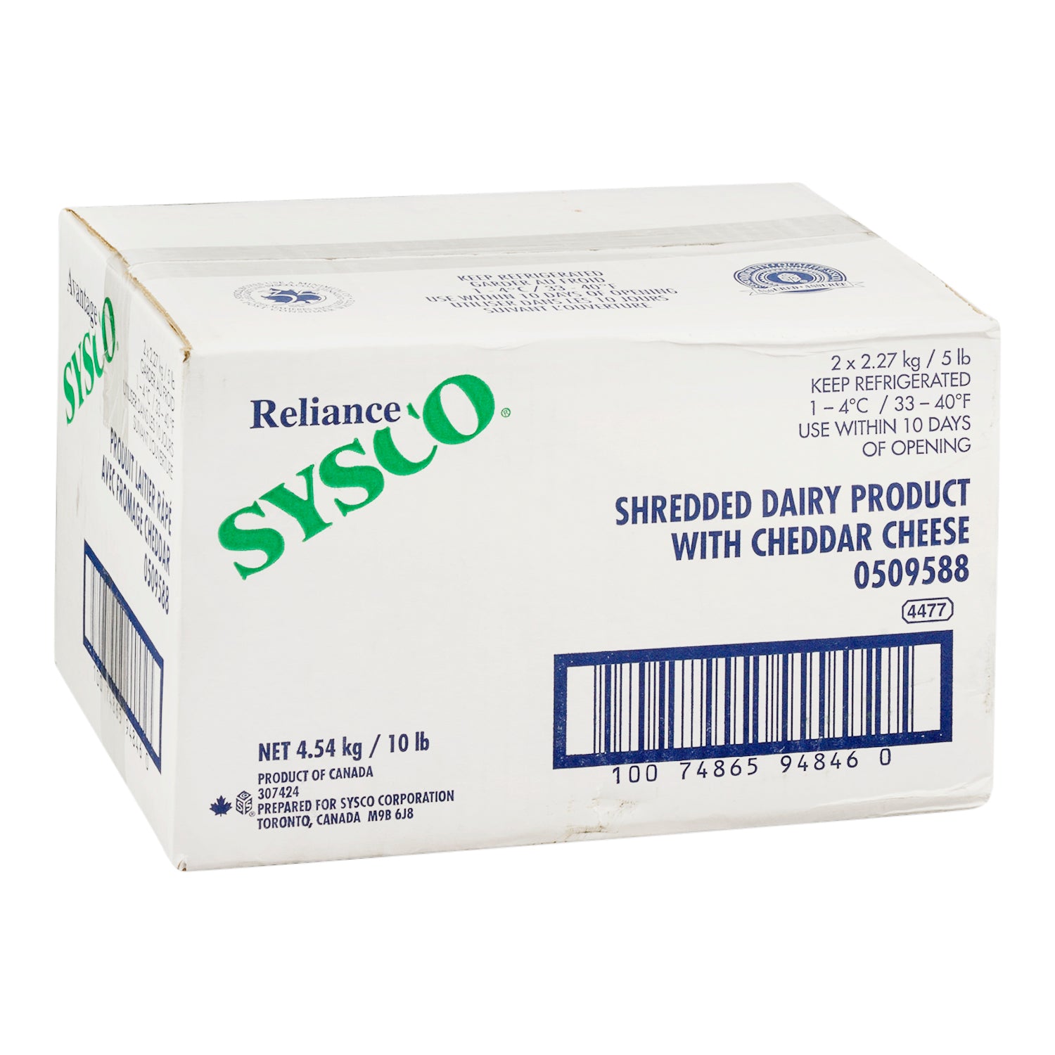 Sysco Reliance Shredded Cheese Cheddar 2x2.27kg [$1.65/100g]