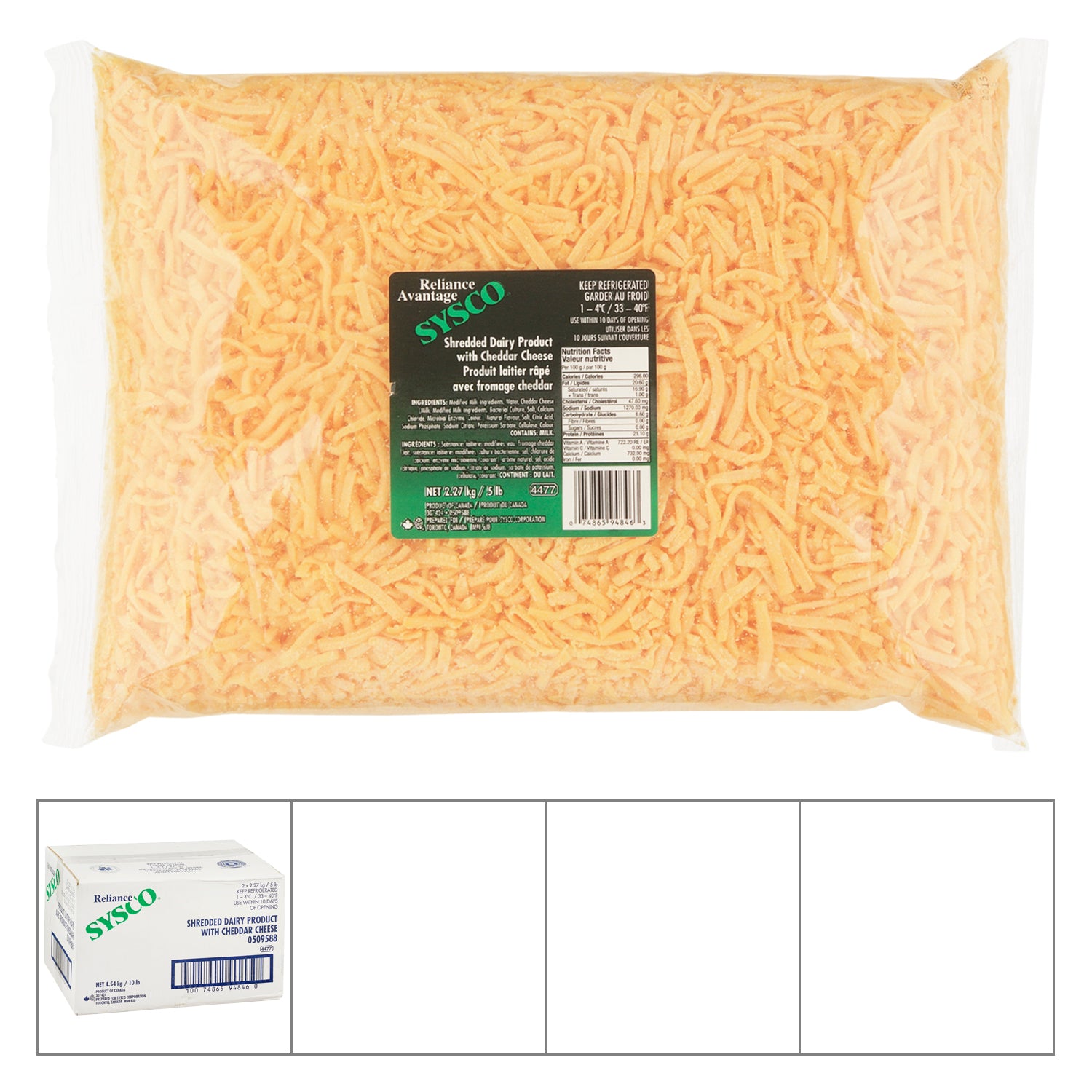 Sysco Reliance Shredded Cheese Cheddar 2x2.27kg [$1.65/100g]