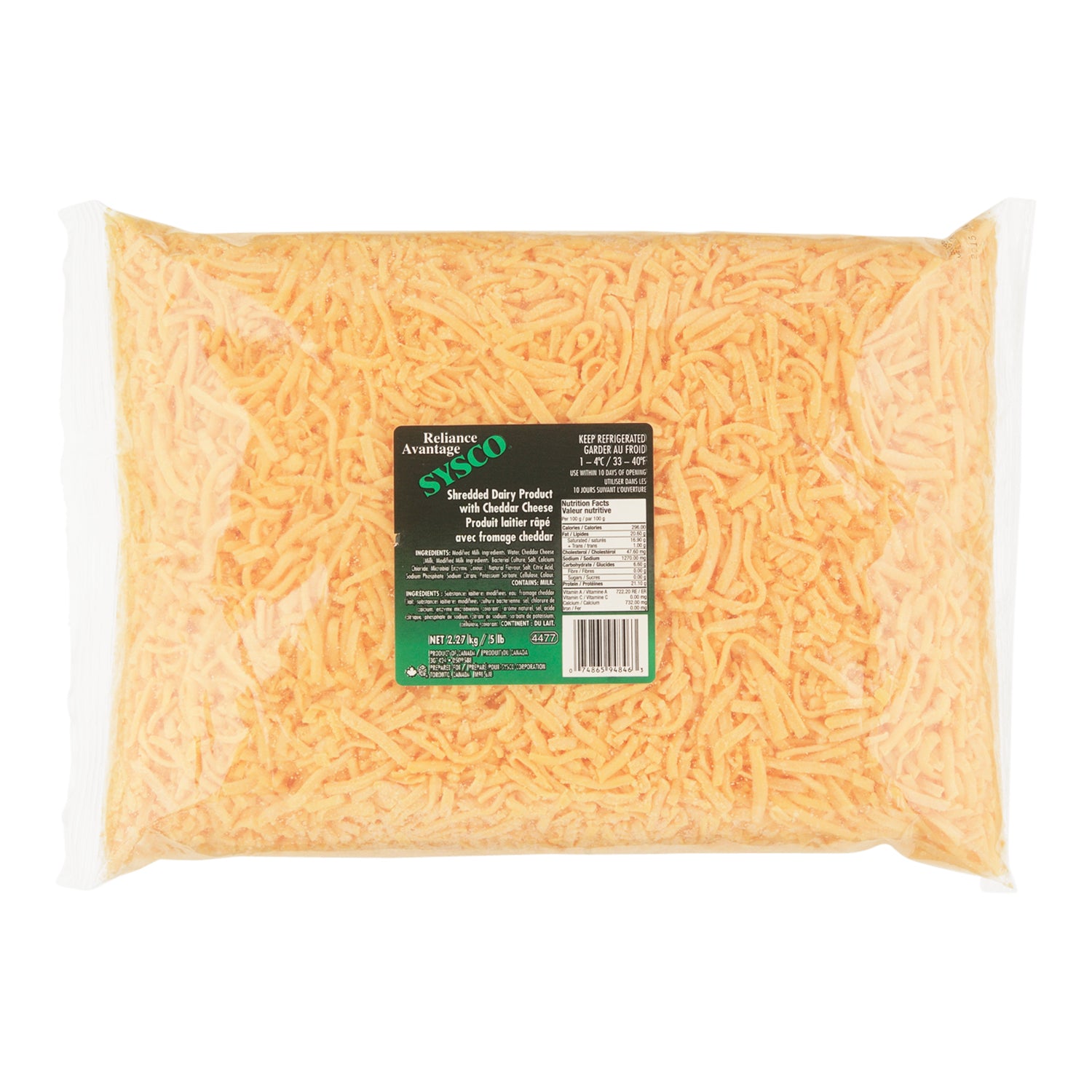 Sysco Reliance Shredded Cheese Cheddar 2x2.27kg [$1.32/100g]