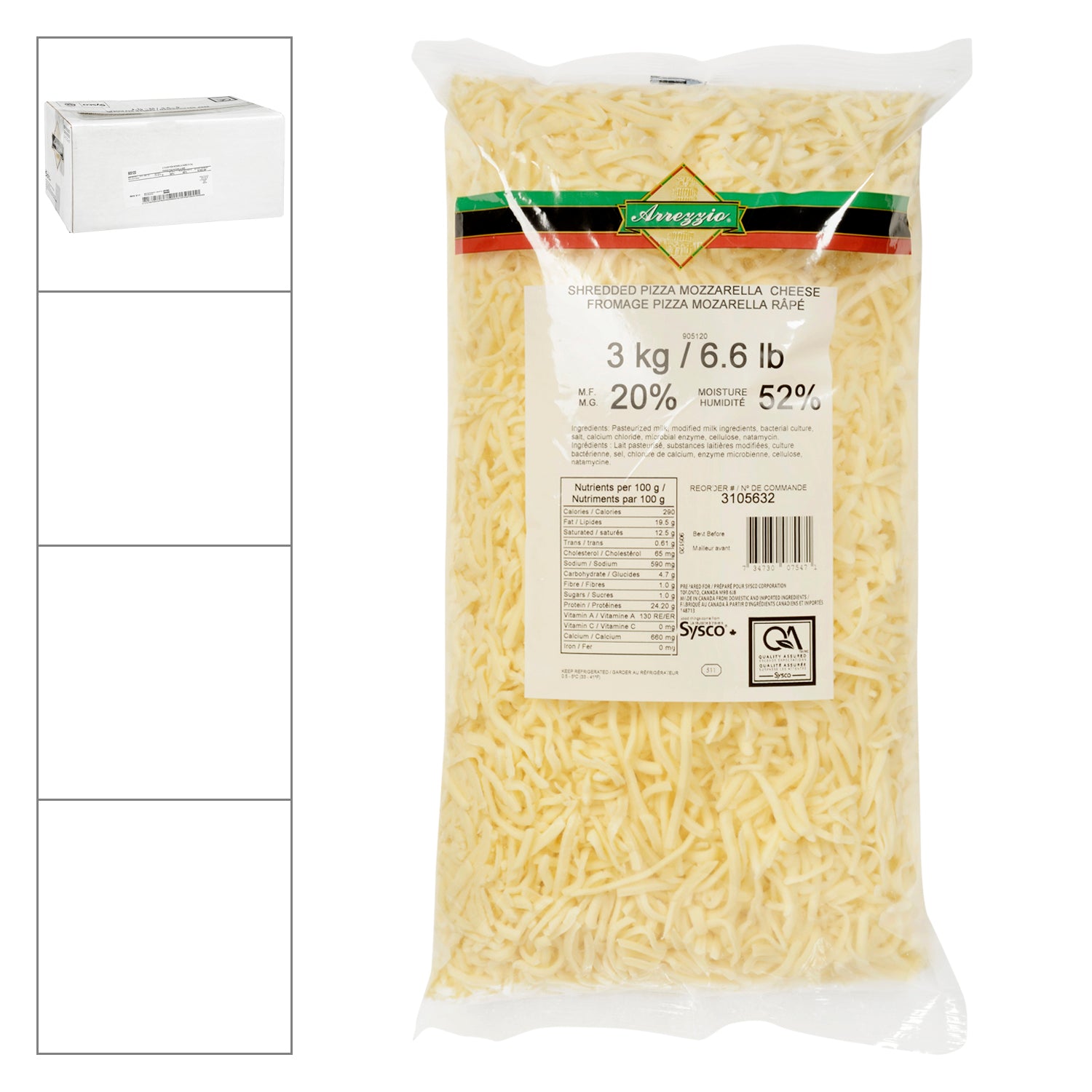 Arrezzio Classic Shredded Pizza Mozzarella 20% 2x3kg [$1.75/100g]