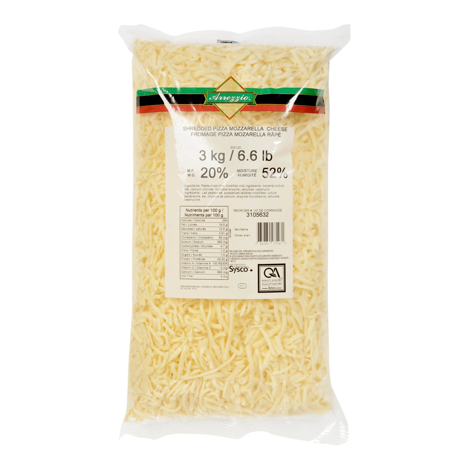 Arrezzio Classic Shredded Pizza Mozzarella 20% 2x3kg [$1.49/100g]