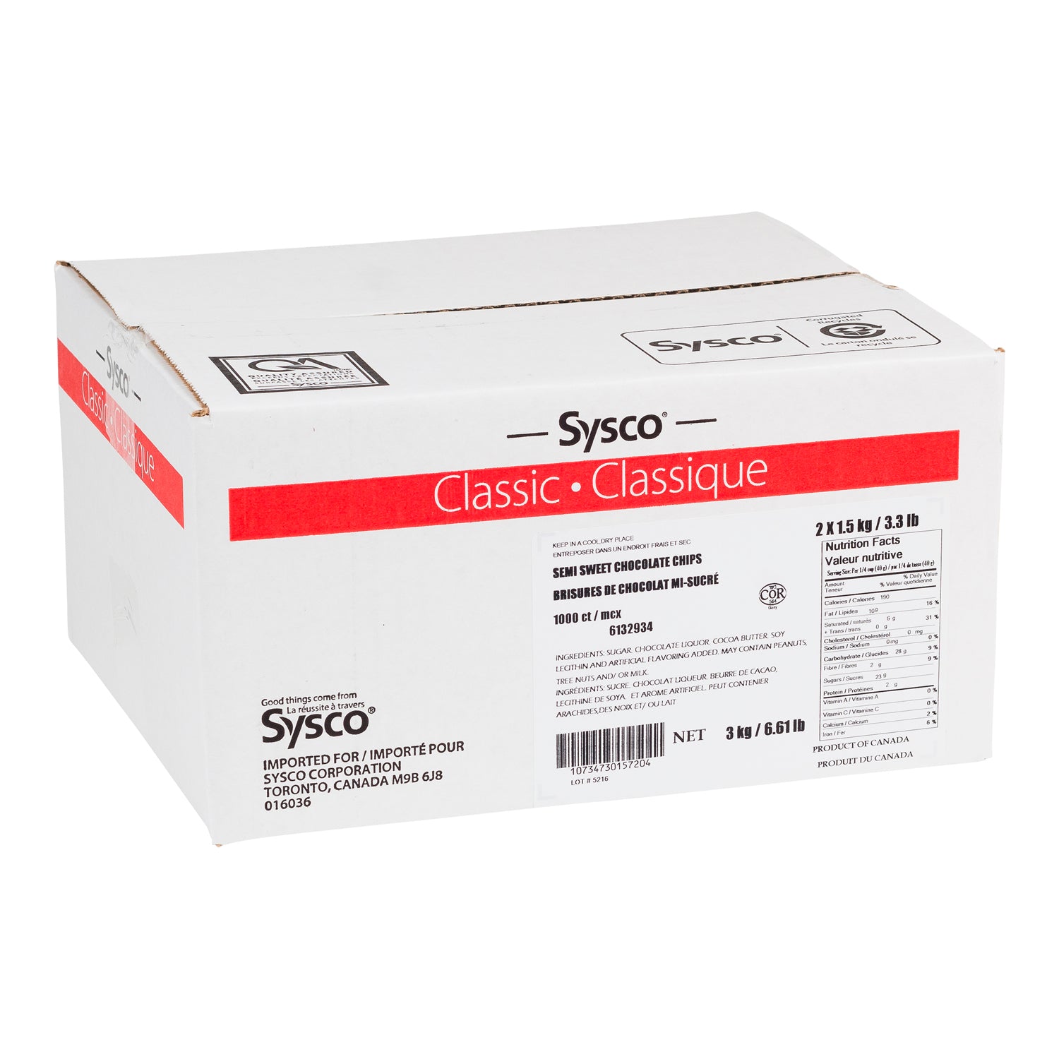 Sysco Classic Semi Sweet Chocolate Chips 2x1.5kg [$23.33/kg] [$10.58/lb]