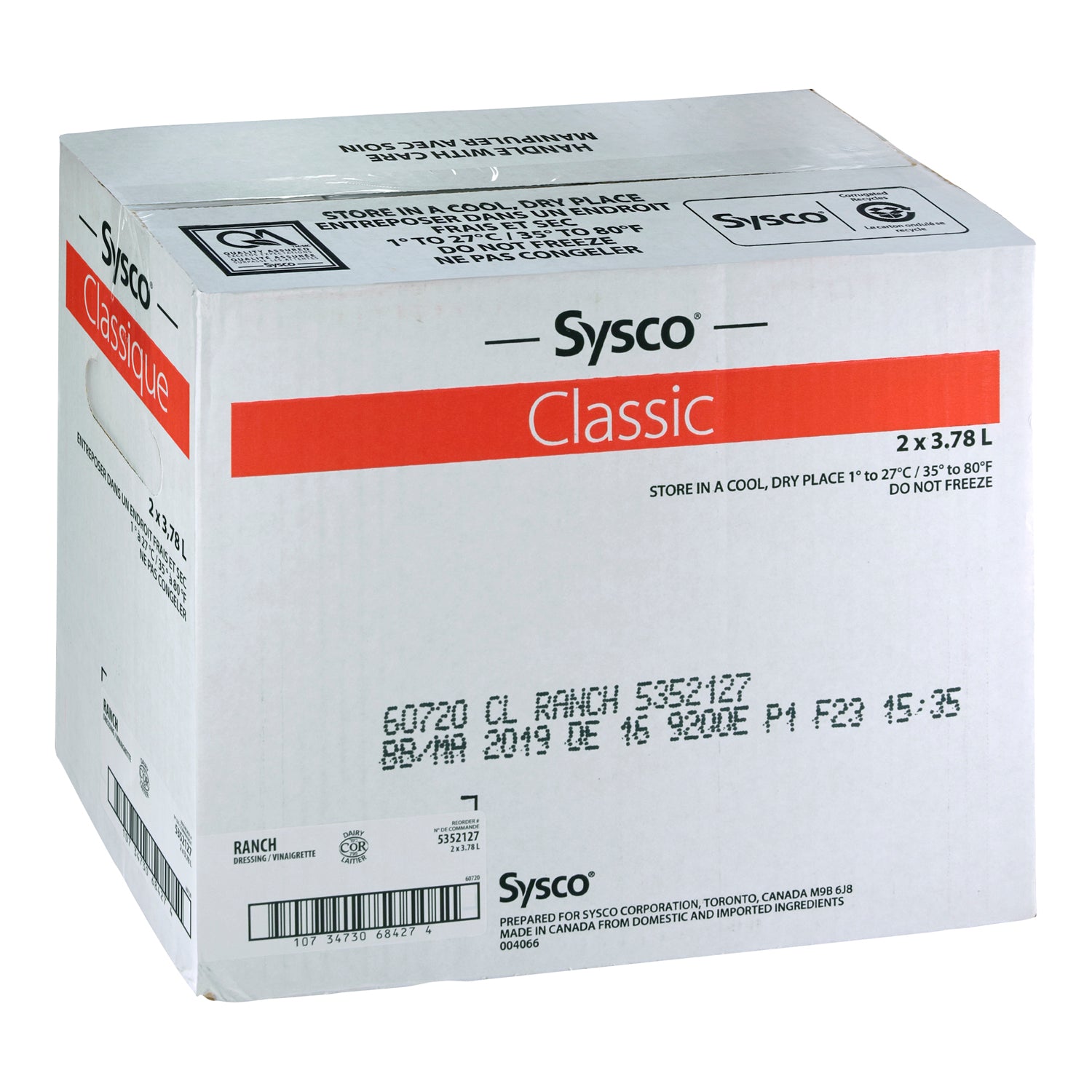 Sysco Classic Ranch Dressing 2x3.78L [$0.92/100ml]